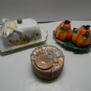 Lot of Fall Decor Coasters Pumpkin Salt Pepper Butter Dish Thanksgiving NWT